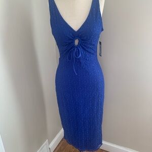 Guess Royal Blue Ribbed Midi Dress with Plunge Neckline